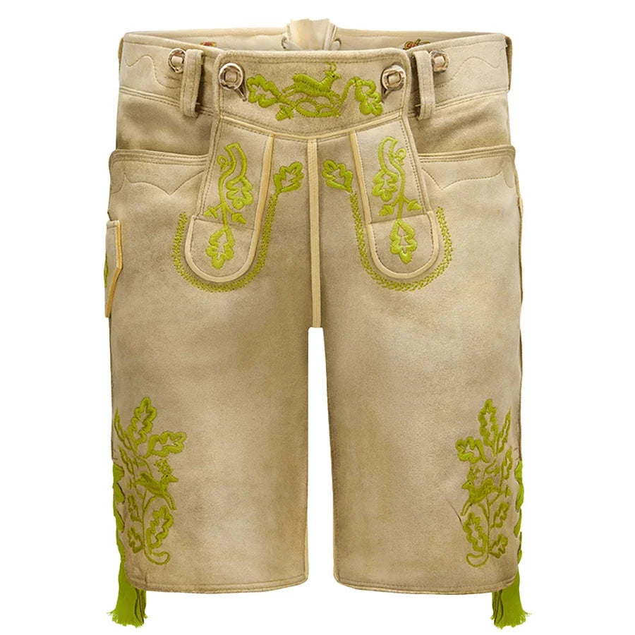 Beige shorts with green embroidery on a white background