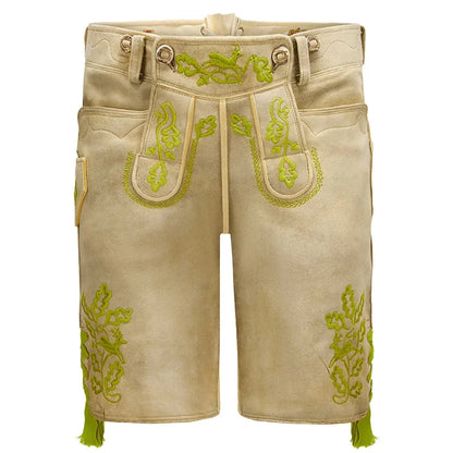 Beige shorts with green embroidery on a white background