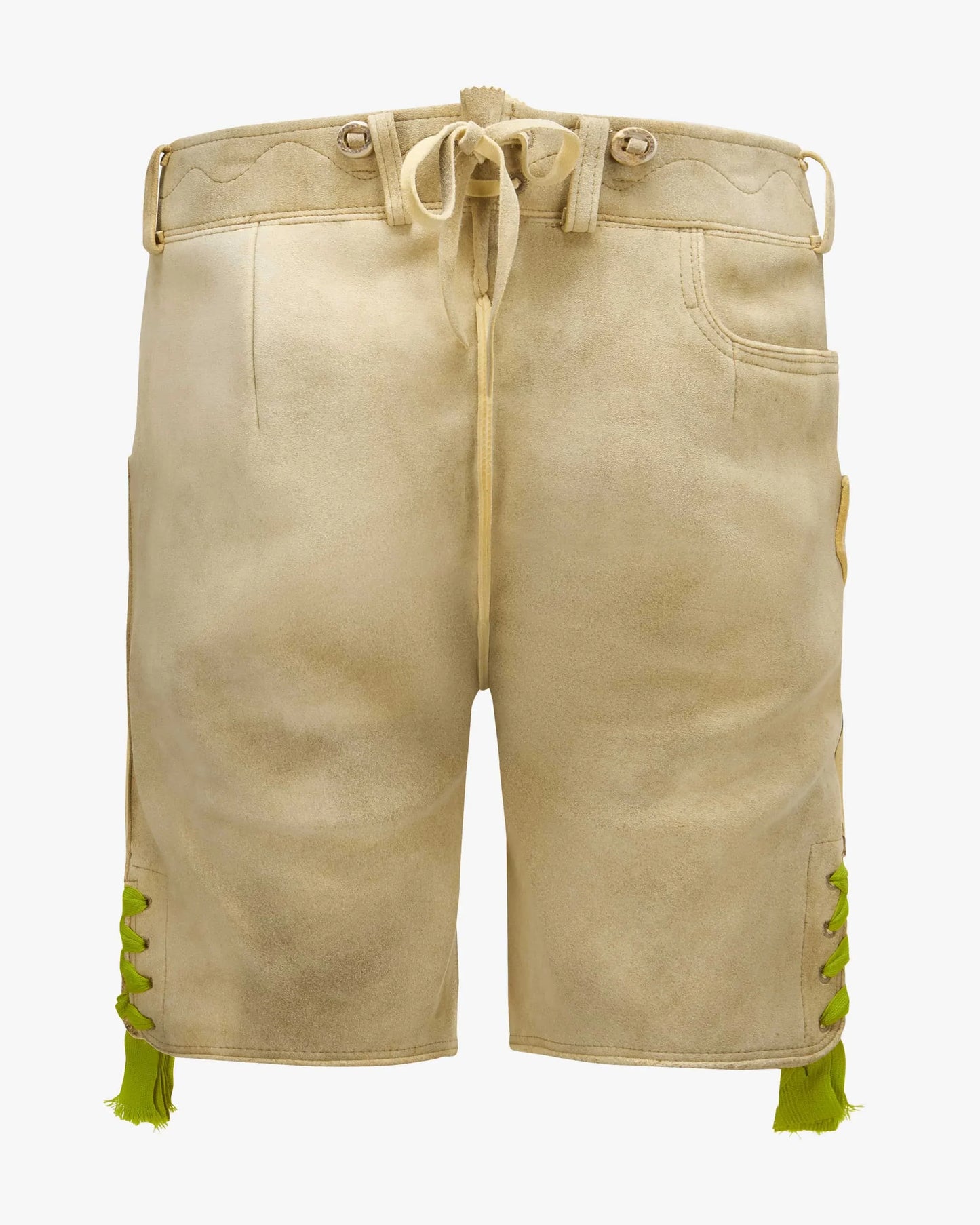 Beige shorts with green accents on a white background