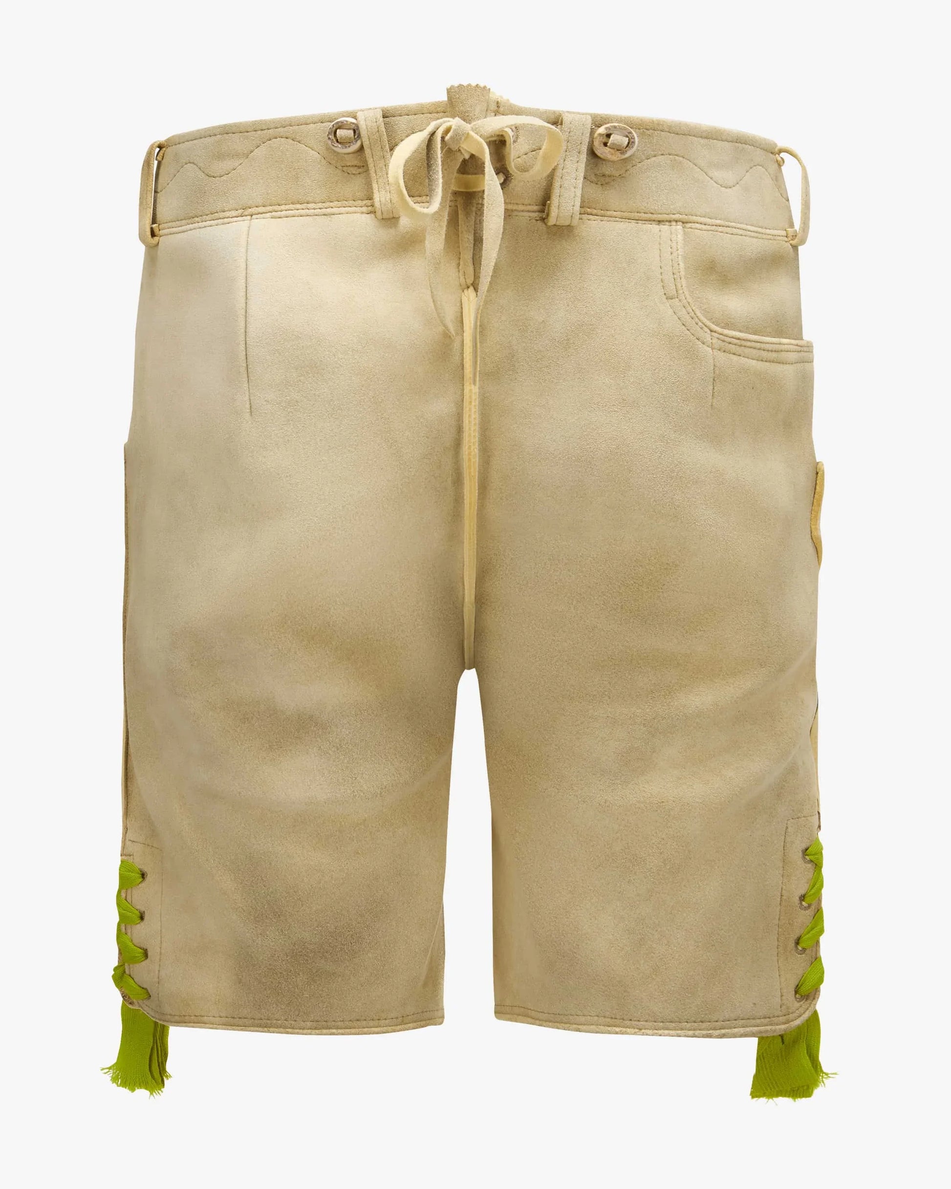 Beige shorts with green accents on a white background