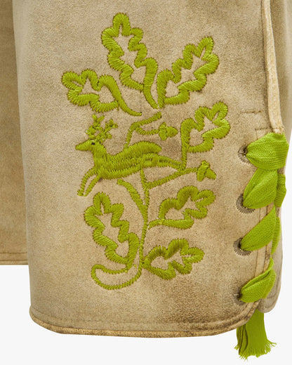Beige fabric with green embroidered design of a deer and foliage.