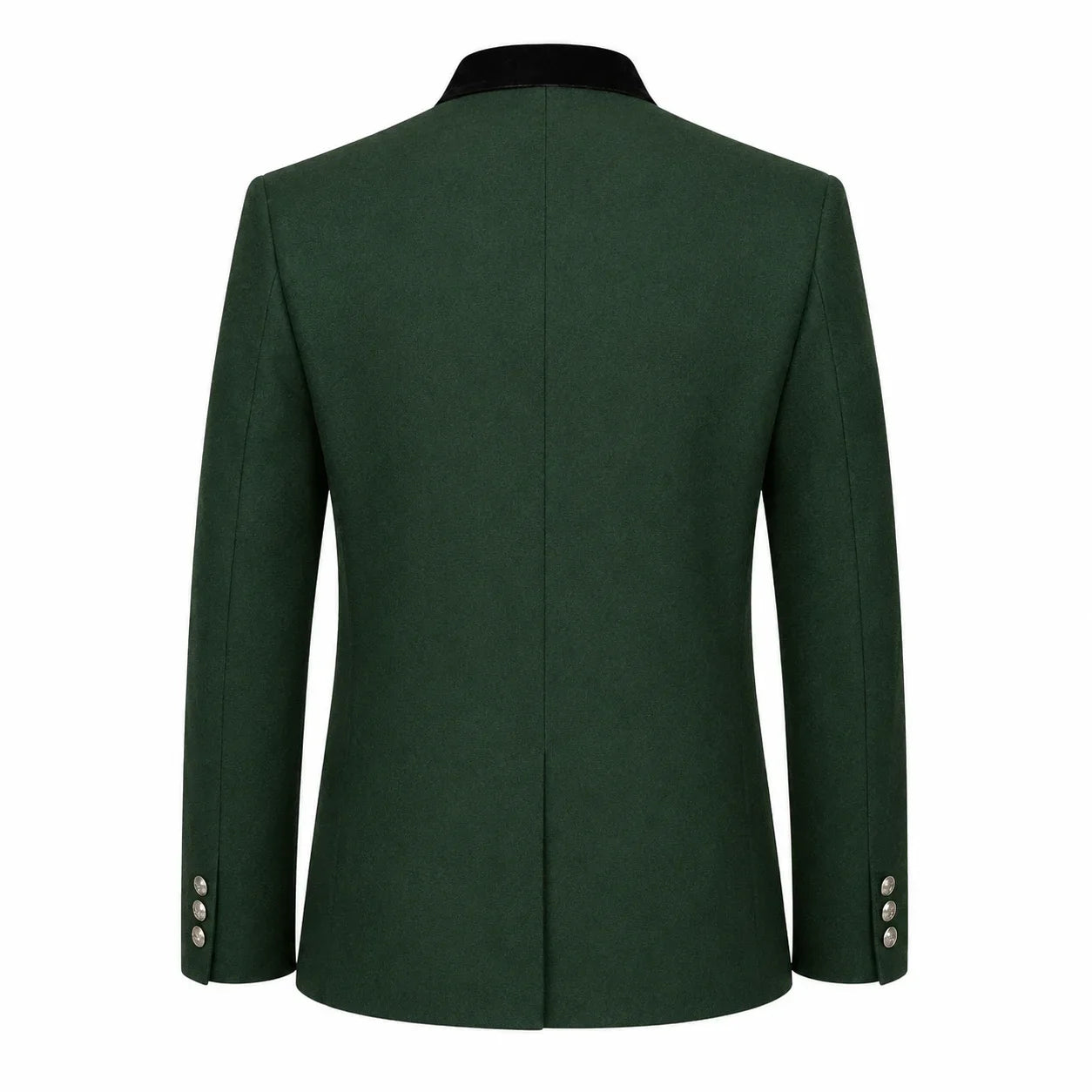 A dark green men's blazer shown from the back, featuring a black collar and silver-toned buttons on the cuffs, set against a plain white background.