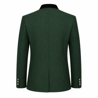 A dark green men's blazer shown from the back, featuring a black collar and silver-toned buttons on the cuffs, set against a plain white background.
