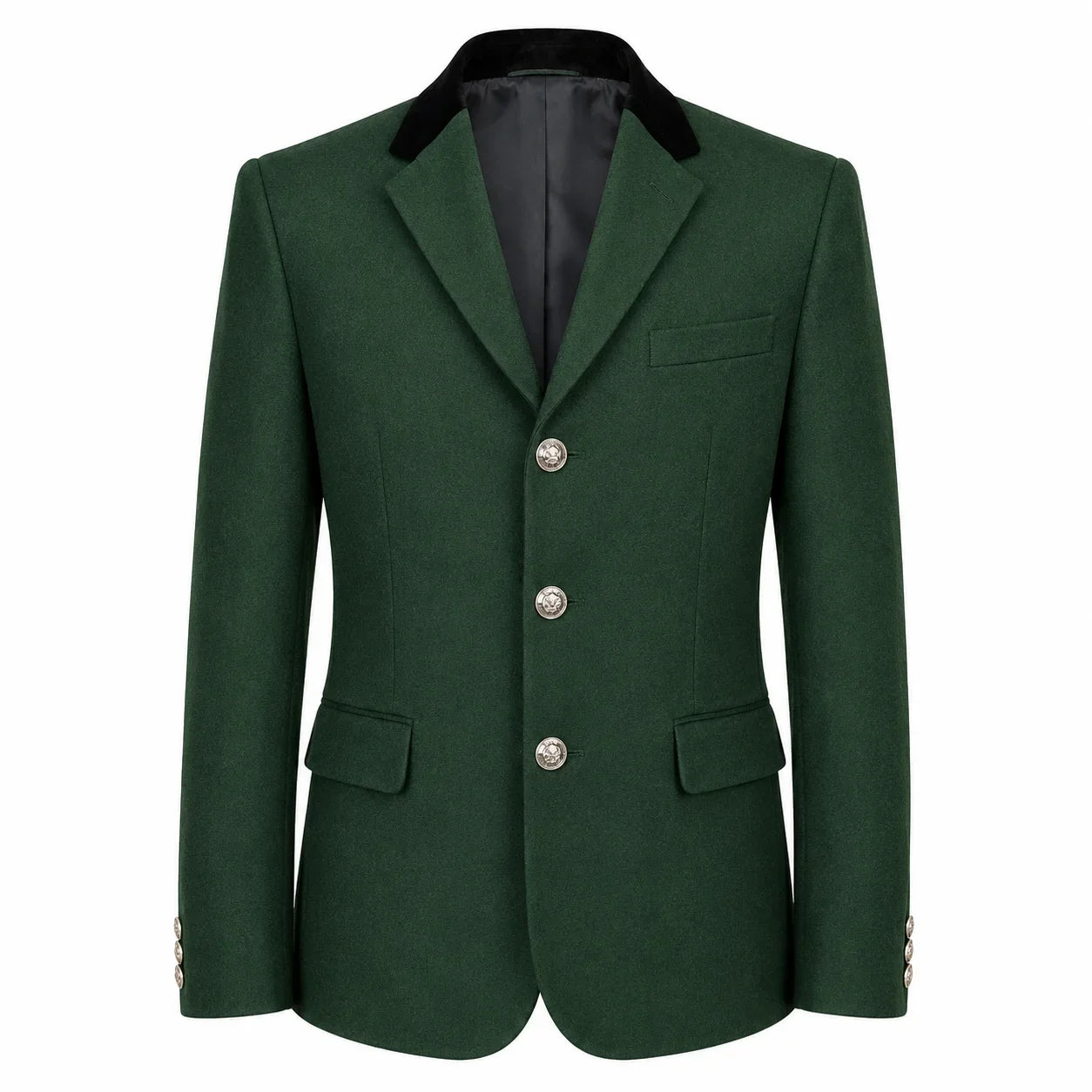 A dark green wool-blend blazer jacket with a black velvet collar, three silver-tone buttons, and flap pockets, shown on a plain white background.