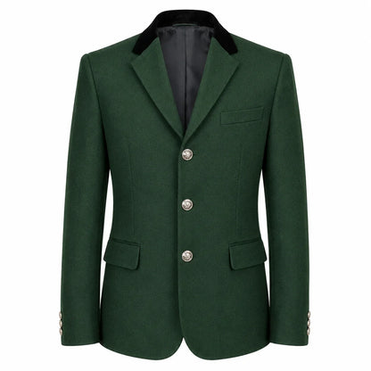 A dark green wool-blend blazer jacket with a black velvet collar, three silver-tone buttons, and flap pockets, shown on a plain white background.