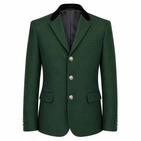 A dark green wool-blend blazer jacket with a black velvet collar, three silver-tone buttons, and flap pockets, shown on a plain white background.