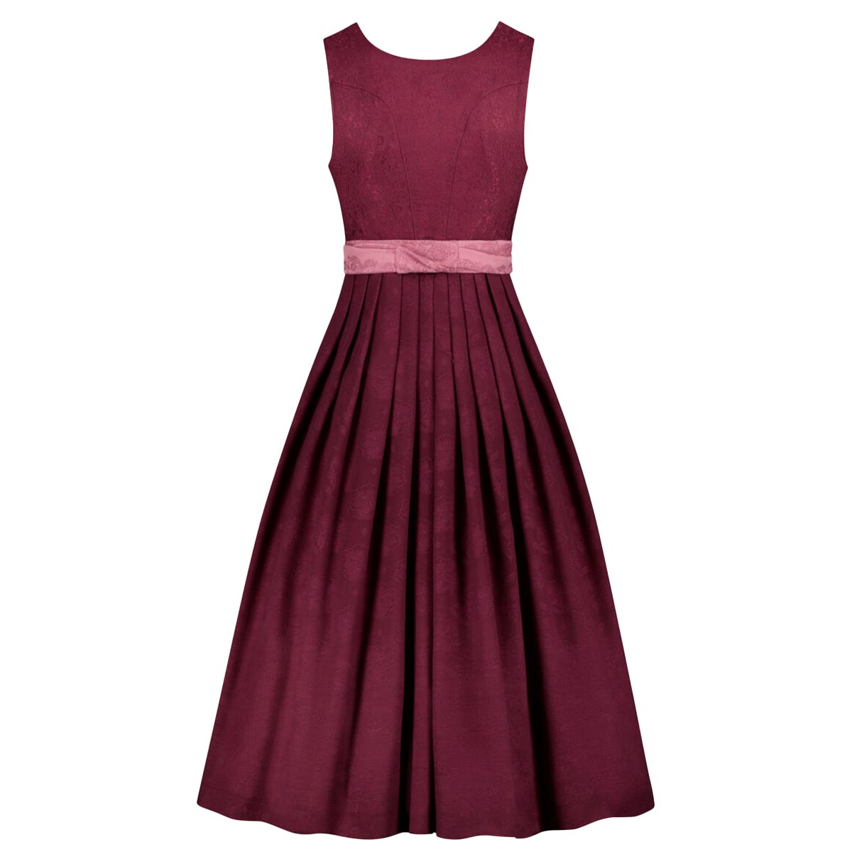 Maroon dress with a pink belt on a white background