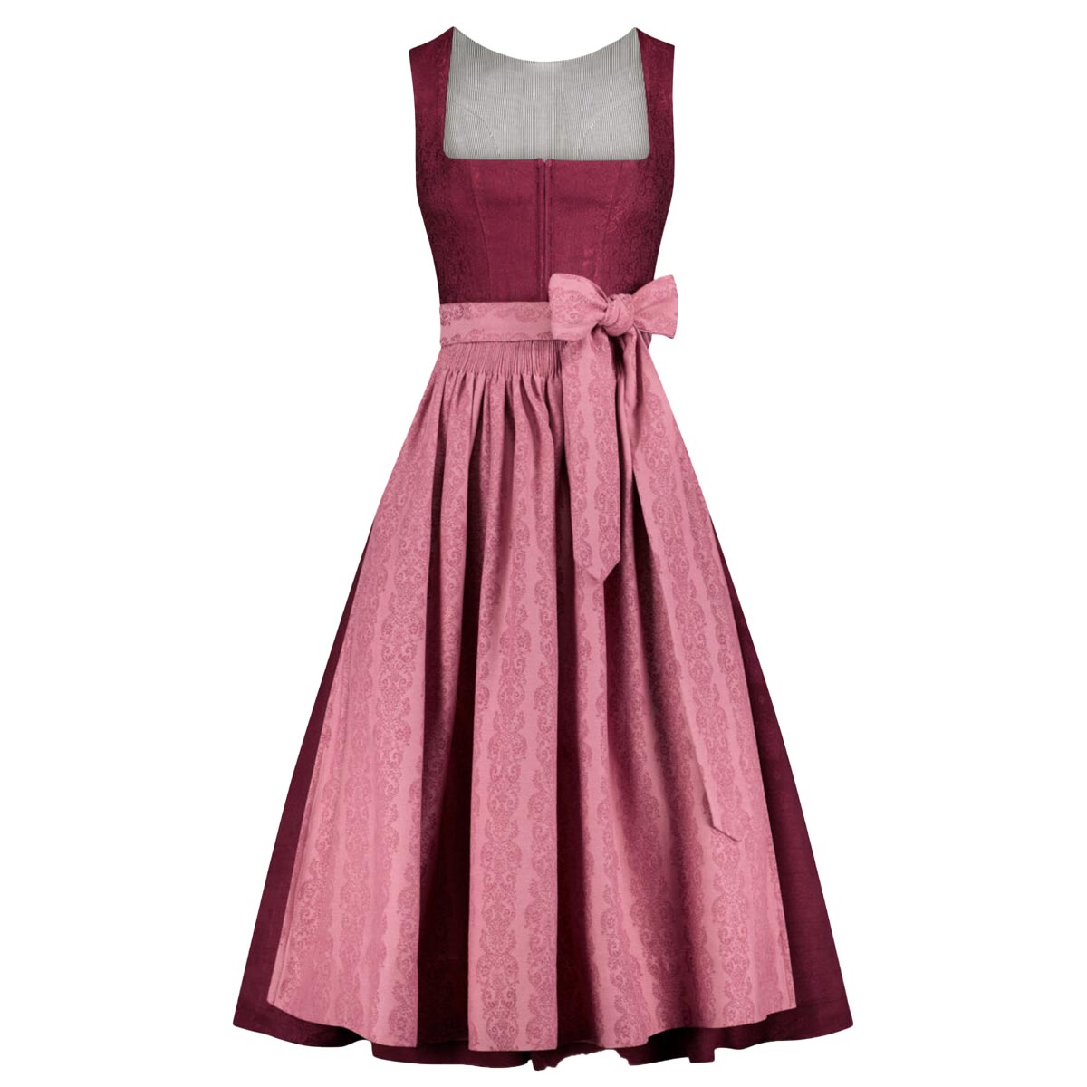 Two-tone dress with a pink skirt and maroon top on a white background