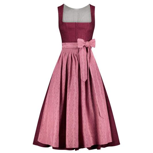 Two-tone dress with a pink skirt and maroon top on a white background