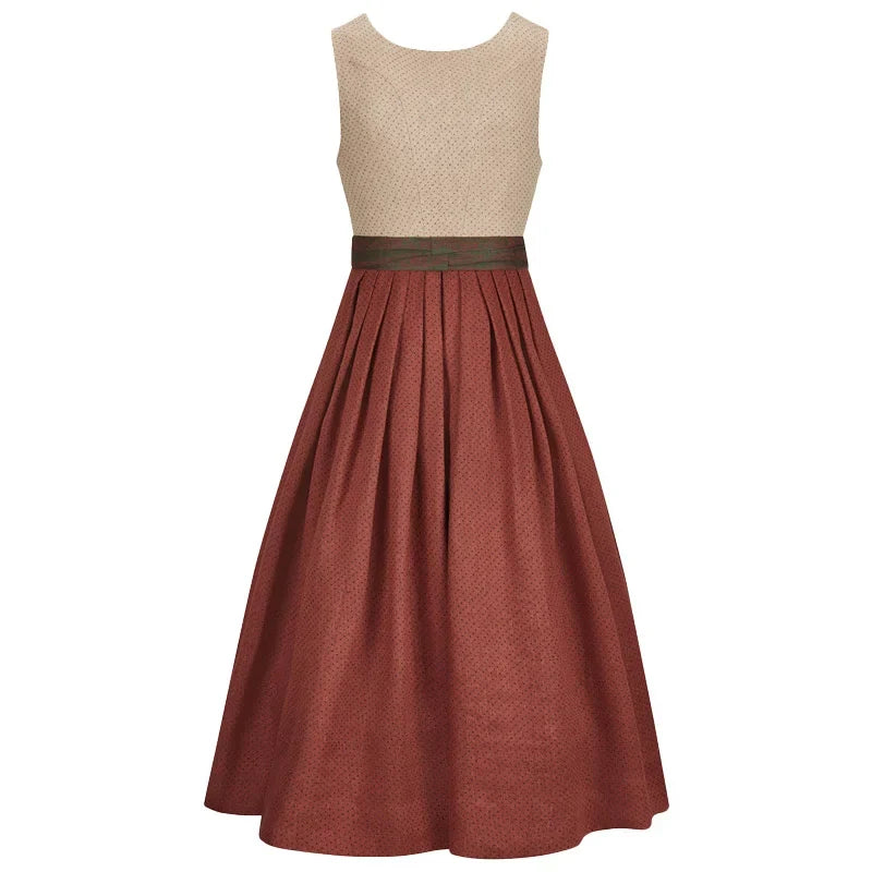 Two-tone dress with beige top and red skirt on a white background