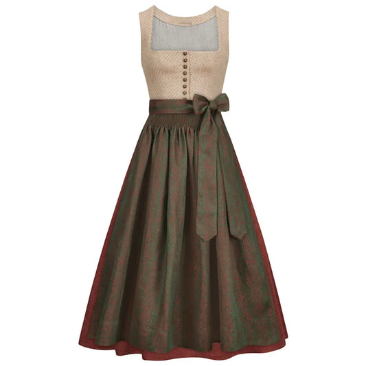 Two-tone dress with beige top and green skirt on a white background