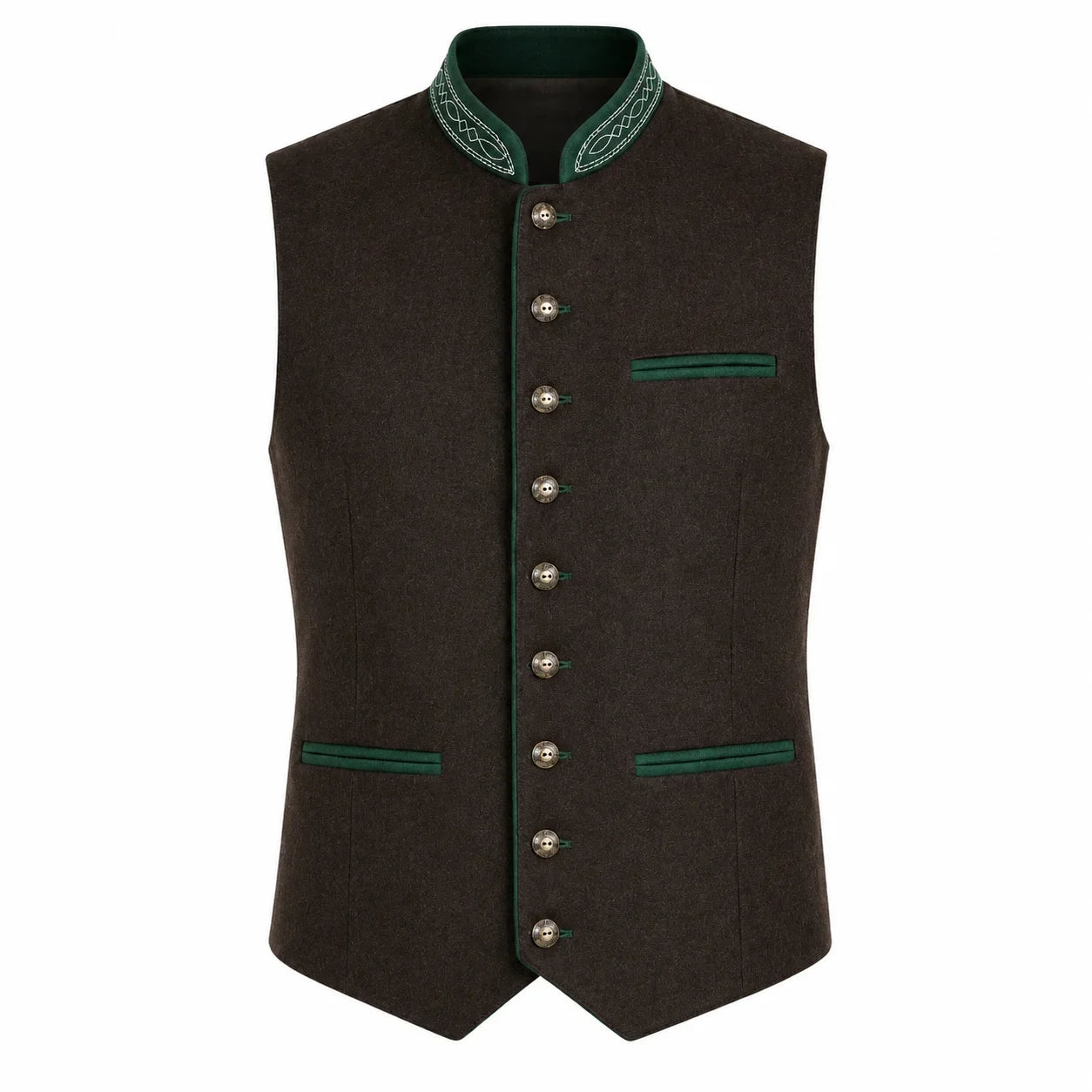 Men's Traditional Brown Trachten Vest with Green Trim