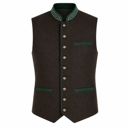 Men's Traditional Brown Trachten Vest with Green Trim