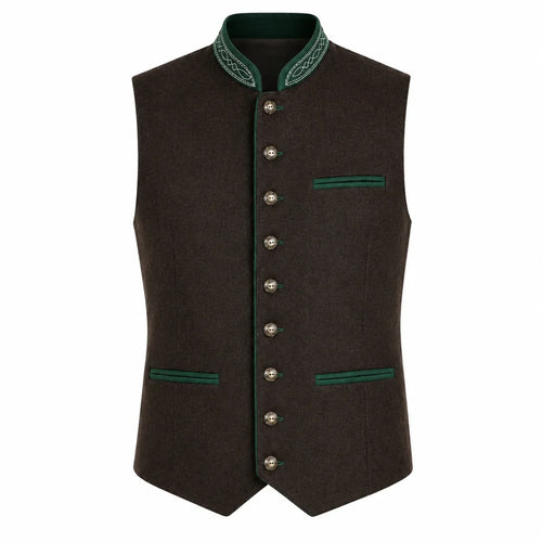 Men's Traditional Brown Trachten Vest with Green Trim