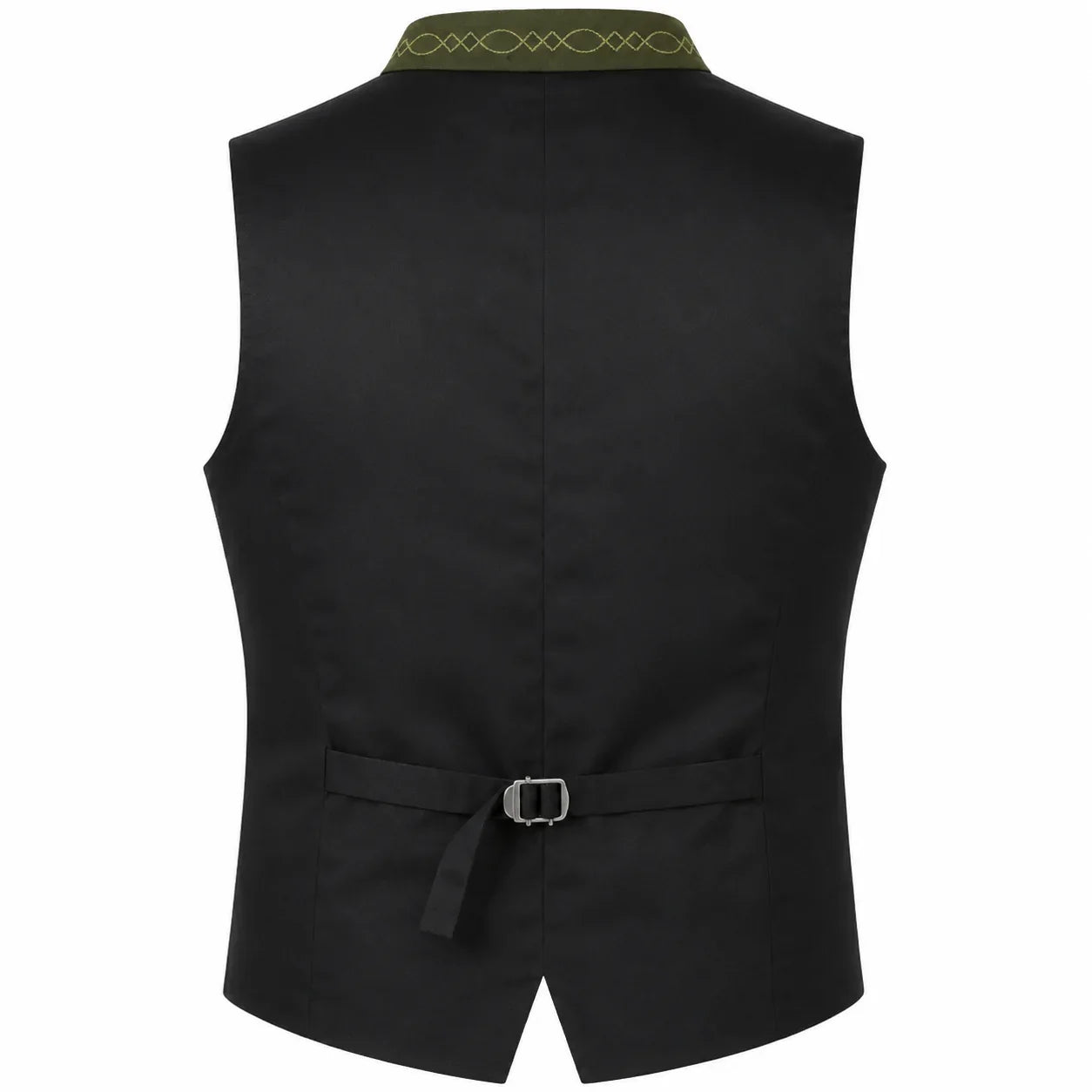 Black waistcoat vest shown from the back, featuring a matching black tie belt with a silver buckle and a green patterned collar trim.