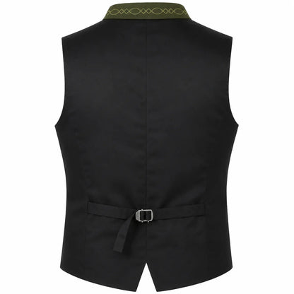 Black waistcoat vest shown from the back, featuring a matching black tie belt with a silver buckle and a green patterned collar trim.