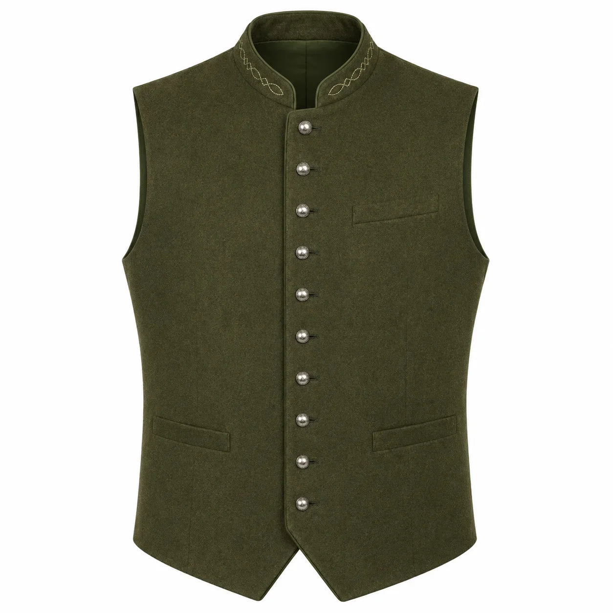 An olive green men's waistcoat vest with a mandarin collar, decorative embroidered trim, a row of silver-tone buttons down the front, and two front welt pockets, shown on a plain white background.