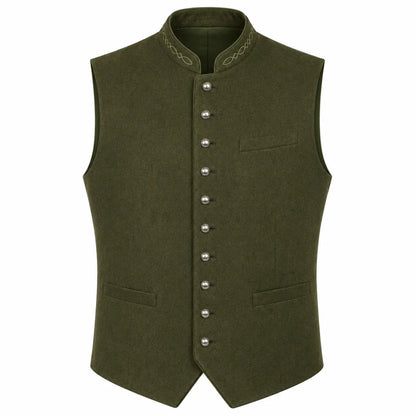 An olive green men's waistcoat vest with a mandarin collar, decorative embroidered trim, a row of silver-tone buttons down the front, and two front welt pockets, shown on a plain white background.