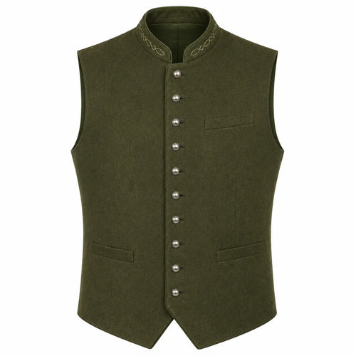 An olive green men's waistcoat vest with a mandarin collar, decorative embroidered trim, a row of silver-tone buttons down the front, and two front welt pockets, shown on a plain white background.
