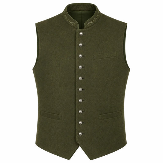 An olive green men's waistcoat vest with a mandarin collar, decorative embroidered trim, a row of silver-tone buttons down the front, and two front welt pockets, shown on a plain white background.