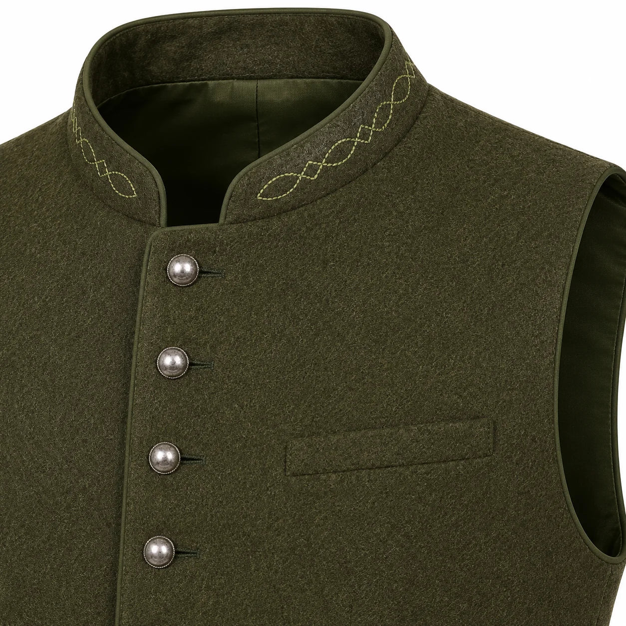 Close-up of an olive green wool vest with a mandarin collar, decorative gold embroidery on the collar, and silver-tone buttons.