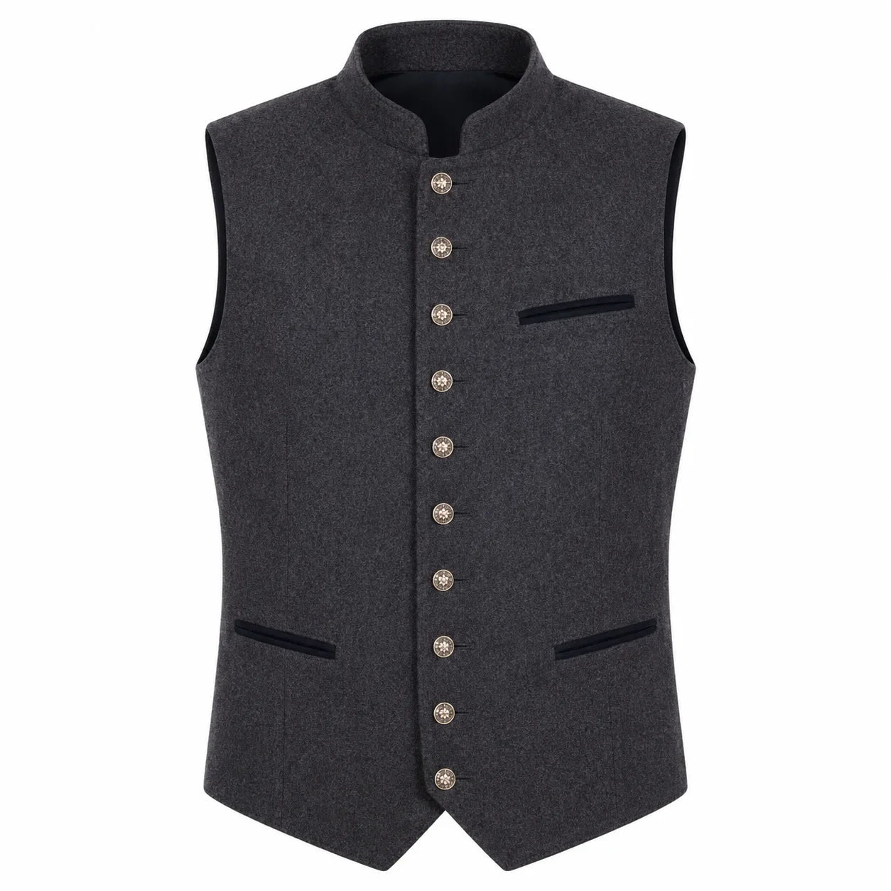 A dark gray wool vest with a mandarin collar, decorative front buttons, and contrast black piping details, shown against a plain white background.