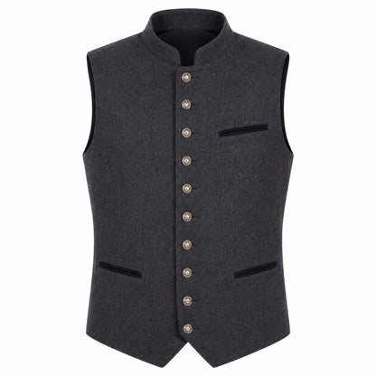 A dark gray wool vest with a mandarin collar, decorative front buttons, and contrast black piping details, shown against a plain white background.