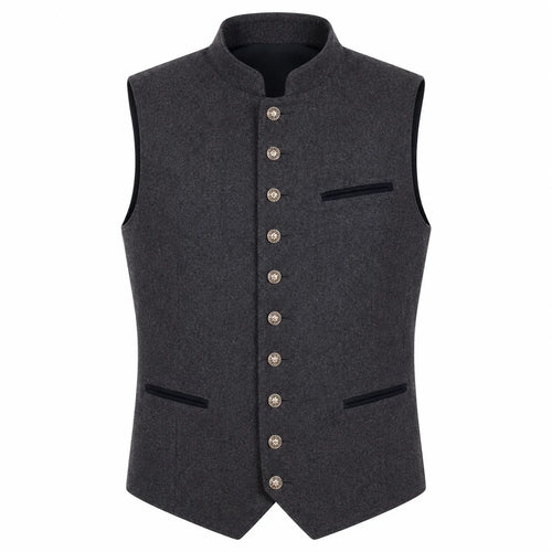 A dark gray wool vest with a mandarin collar, decorative front buttons, and contrast black piping details, shown against a plain white background.