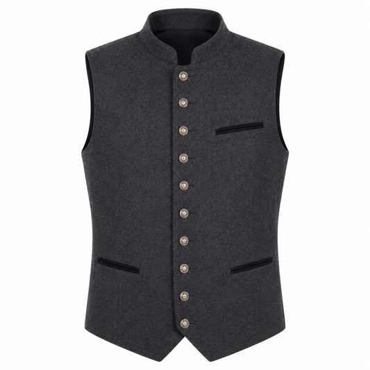 A dark gray wool vest with a mandarin collar, decorative front buttons, and contrast black piping details, shown against a plain white background.