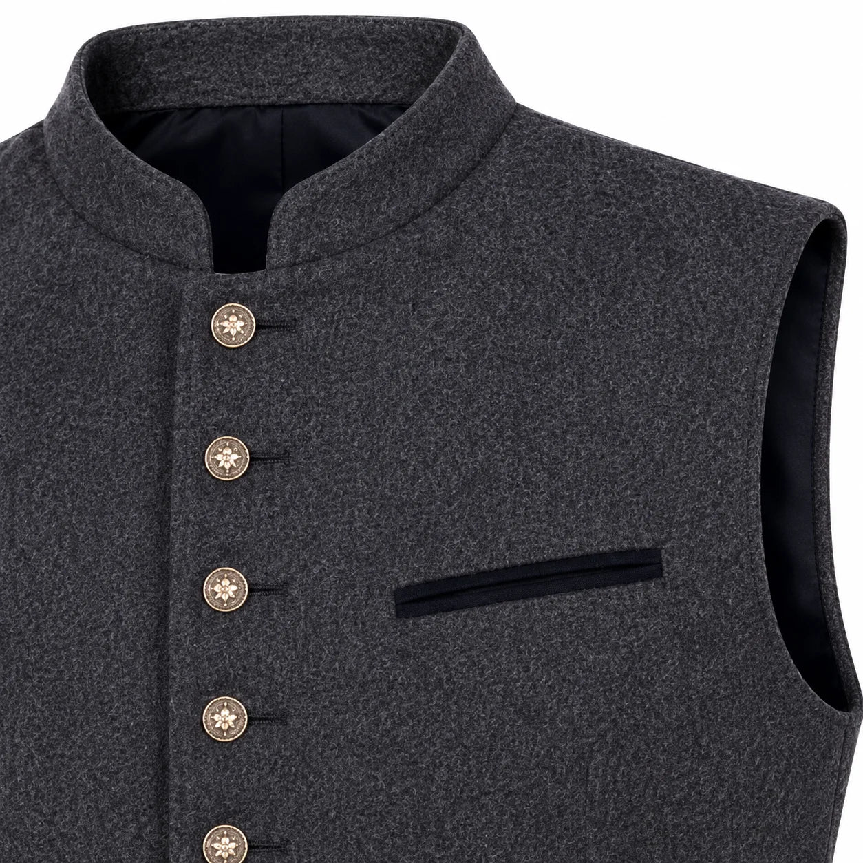 Close-up of a dark gray textured waistcoat vest with a mandarin collar, decorative metallic buttons, and a black interior lining.