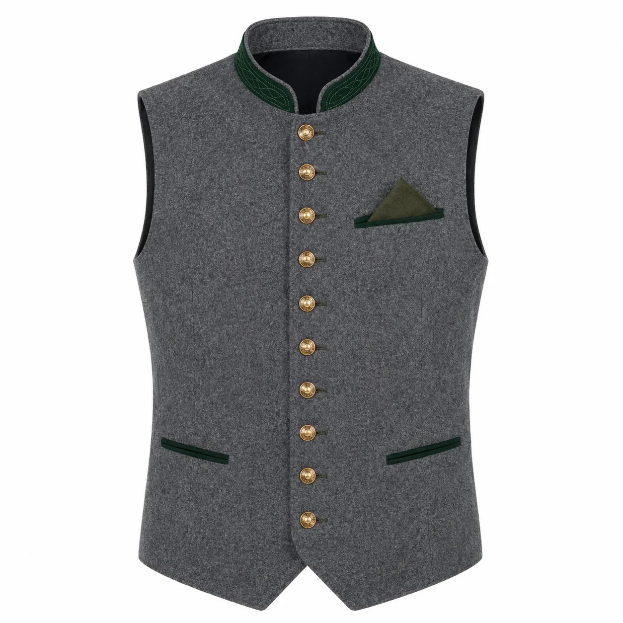 A gray wool-like waistcoat vest with dark green trim on the collar, pocket flaps, and pocket square, accented by a row of gold buttons down the front.