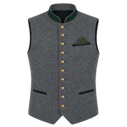 A gray wool-like waistcoat vest with dark green trim on the collar, pocket flaps, and pocket square, accented by a row of gold buttons down the front.