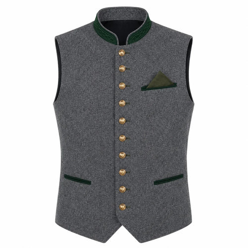 A gray wool-like waistcoat vest with dark green trim on the collar, pocket flaps, and pocket square, accented by a row of gold buttons down the front.