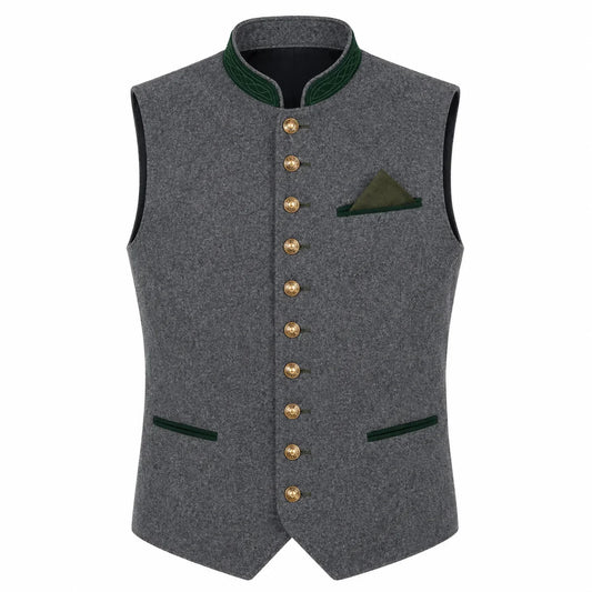 A gray wool-like waistcoat vest with dark green trim on the collar, pocket flaps, and pocket square, accented by a row of gold buttons down the front.
