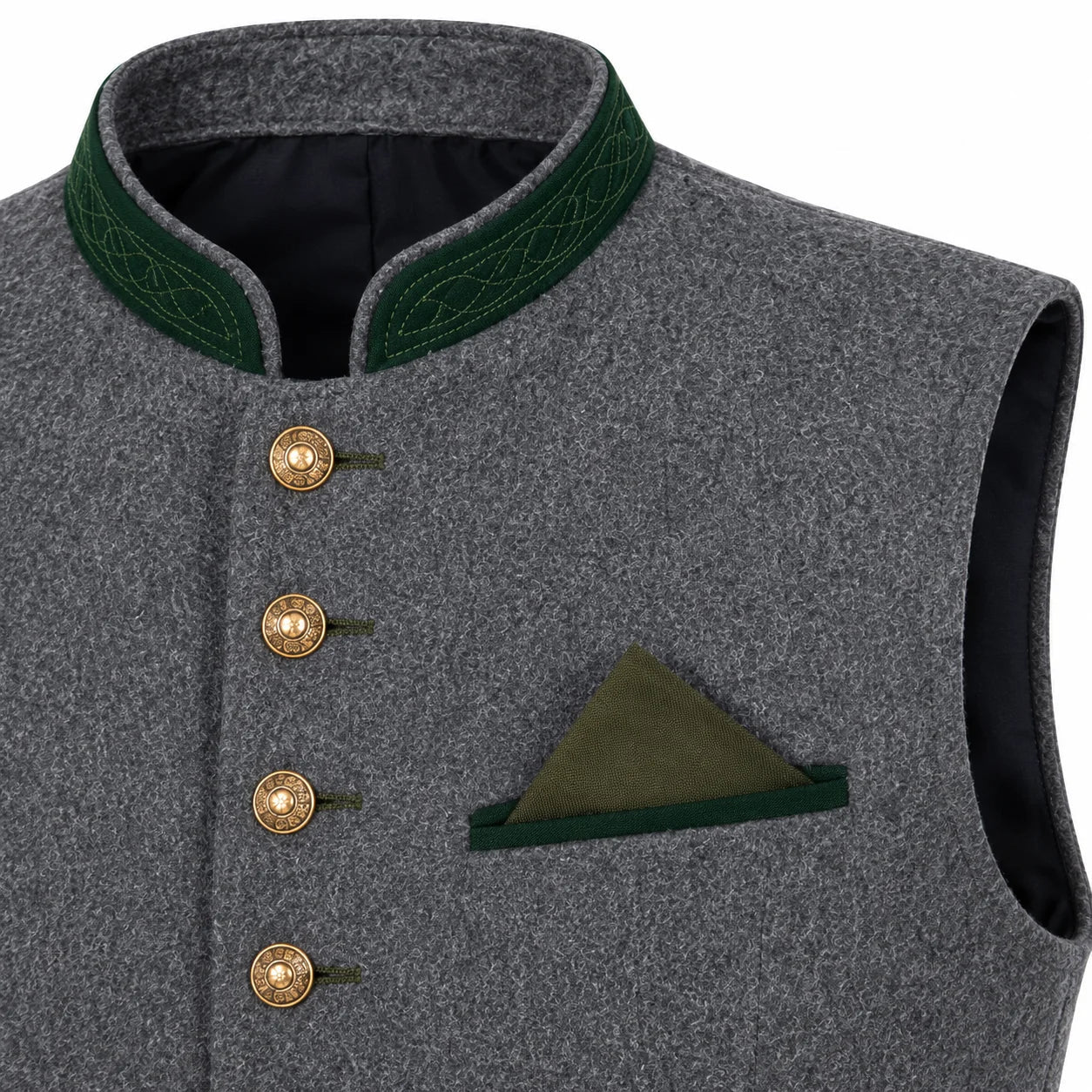 Close-up of a gray wool-like vest with a dark green embroidered mandarin collar, gold-tone buttons, and a matching green pocket square on a white background.