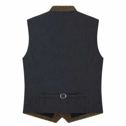 A dark charcoal gray waistcoat shown from the back, featuring a brown corduroy collar and hem, and a matching brown tie belt with a silver buckle at the bottom.