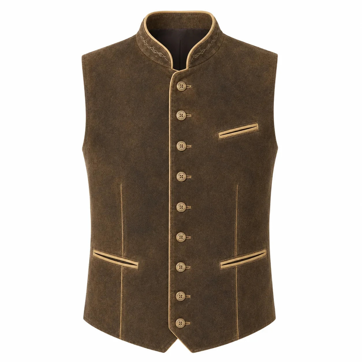 A dark brown suede-like waistcoat vest with gold-colored buttons, piping, and collar trim, displayed on a clean white background.
