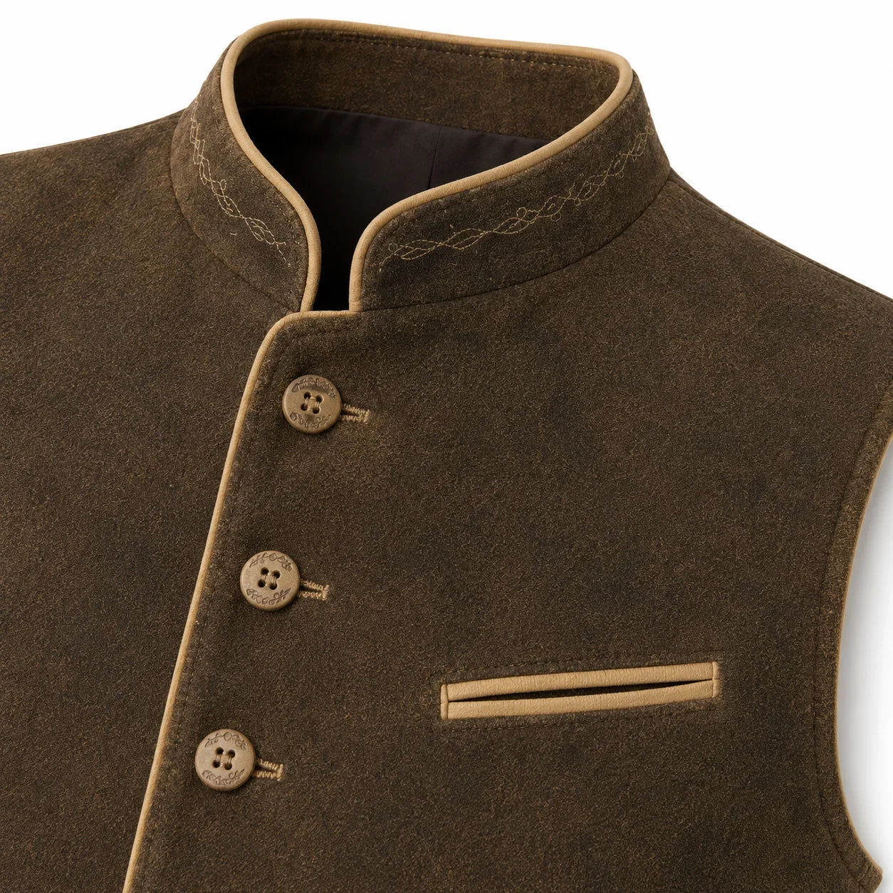 Close-up of a brown wool vest with a mandarin collar, decorative stitching, three button closures, and a welt pocket on a white background.