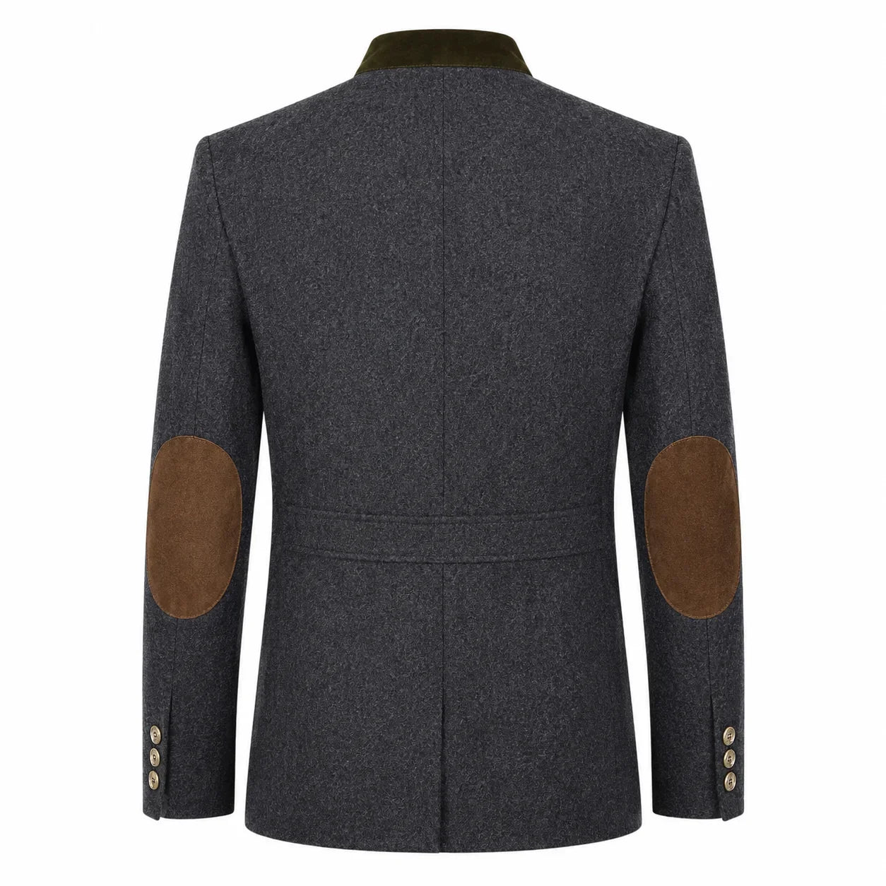 A dark gray textured wool-blend blazer shown from the back, featuring brown suede elbow patches and a contrasting dark olive green collar.