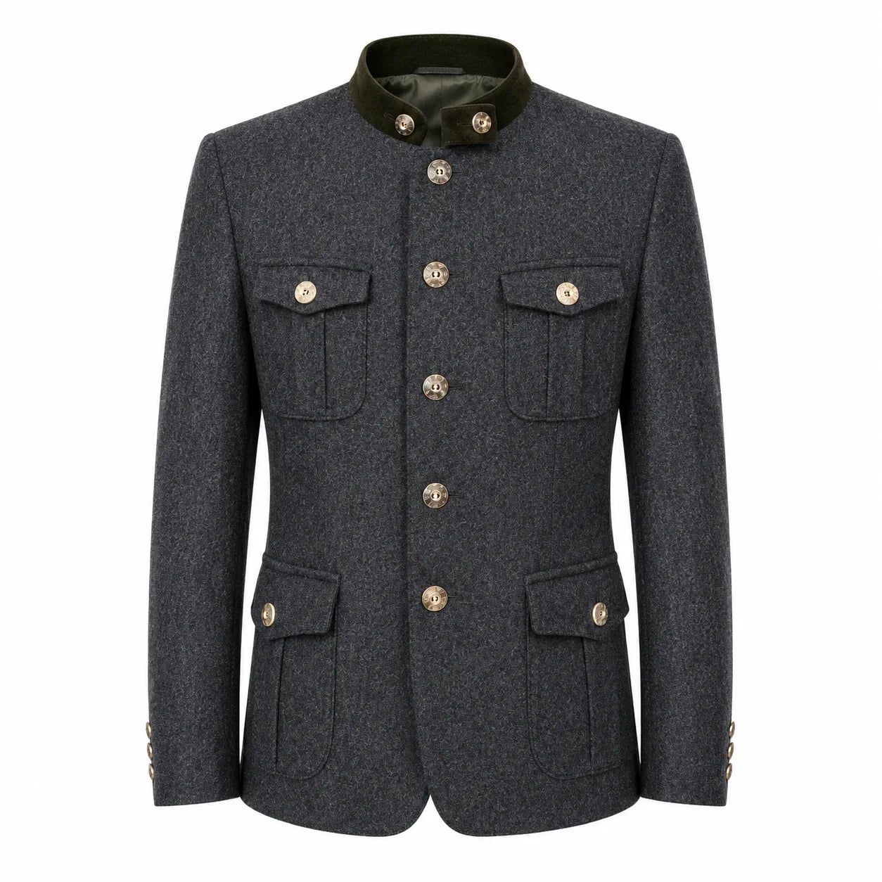 A dark gray textured wool jacket with a contrasting dark green collar and gold-tone buttons, displayed on a clean white background.
