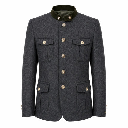 A dark gray textured wool jacket with a contrasting dark green collar and gold-tone buttons, displayed on a clean white background.