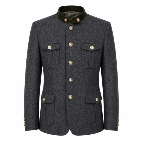 A dark gray textured wool jacket with a contrasting dark green collar and gold-tone buttons, displayed on a clean white background.