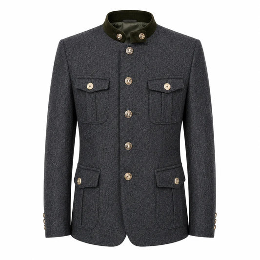 A dark gray textured wool jacket with a contrasting dark green collar and gold-tone buttons, displayed on a clean white background.
