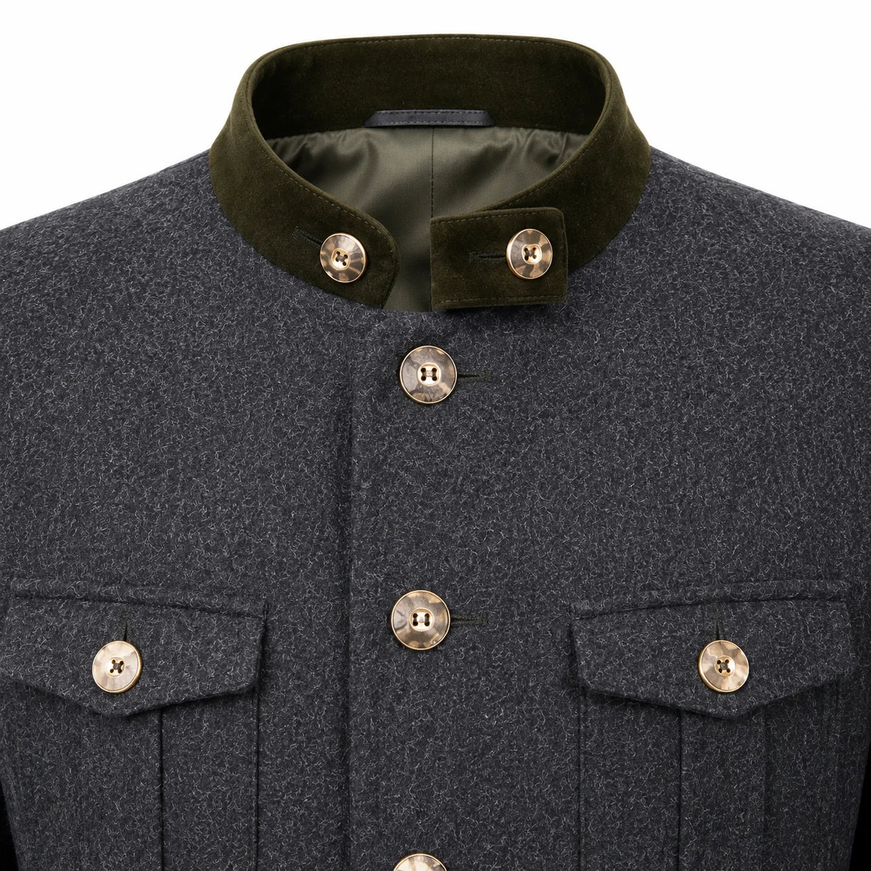 Close-up of a dark gray textured wool jacket with an olive green velvet collar and metallic buttons.