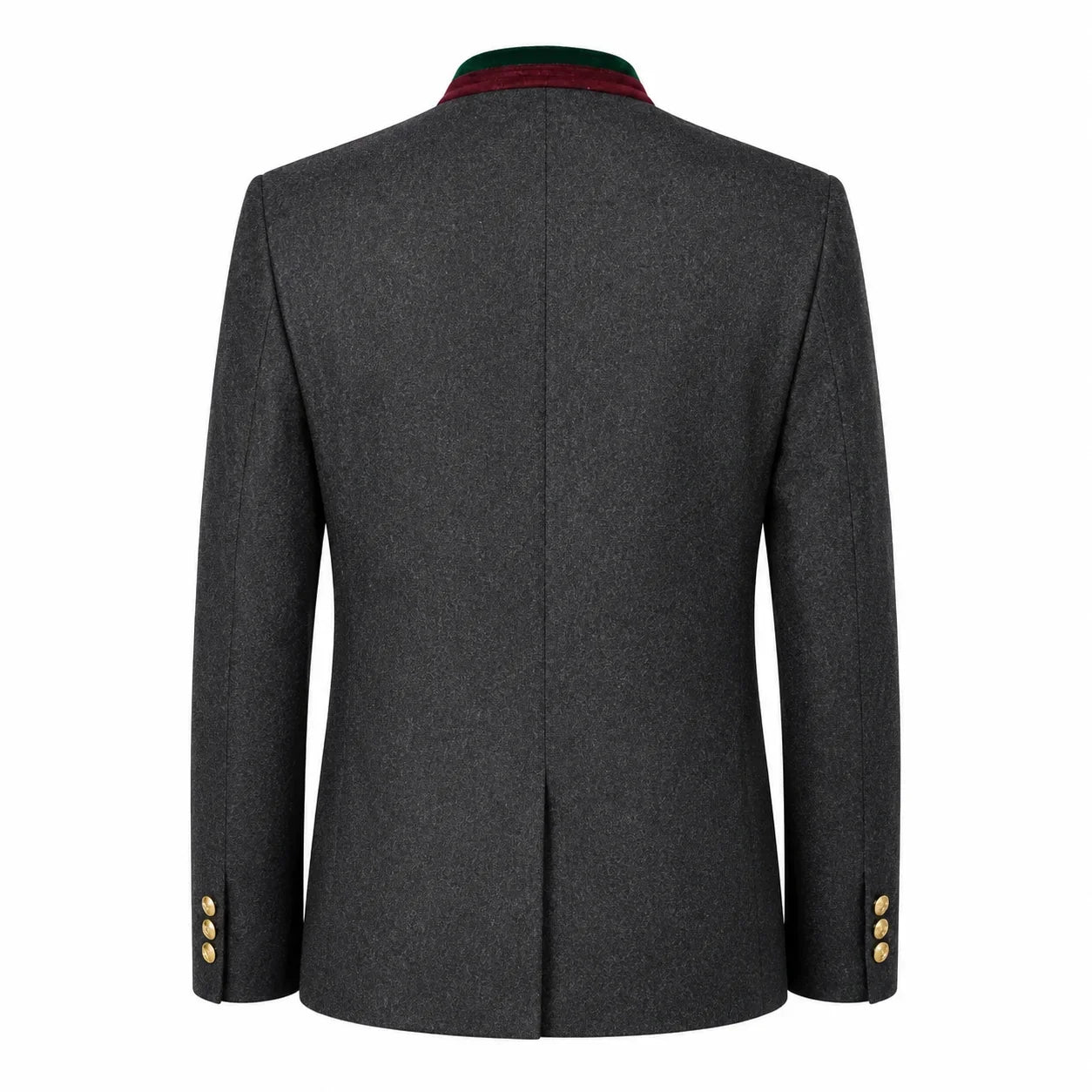 The back view of a dark gray textured blazer jacket, featuring a green and red striped collar and gold buttons on the cuffs, set against a plain white background.
