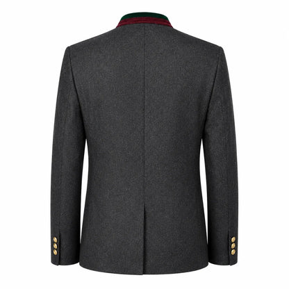 The back view of a dark gray textured blazer jacket, featuring a green and red striped collar and gold buttons on the cuffs, set against a plain white background.