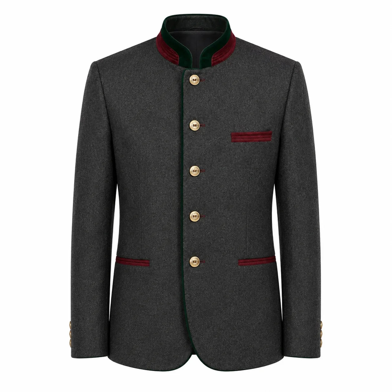 A dark gray wool-blend jacket with a mandarin collar, featuring gold buttons, red-green striped trim on the collar, chest pocket, and pocket flaps, and gold button accents on the cuffs, shown against a plain white background.