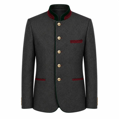 A dark gray wool-blend jacket with a mandarin collar, featuring gold buttons, red-green striped trim on the collar, chest pocket, and pocket flaps, and gold button accents on the cuffs, shown against a plain white background.