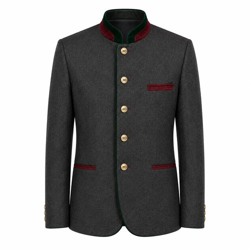 A dark gray wool-blend jacket with a mandarin collar, featuring gold buttons, red-green striped trim on the collar, chest pocket, and pocket flaps, and gold button accents on the cuffs, shown against a plain white background.