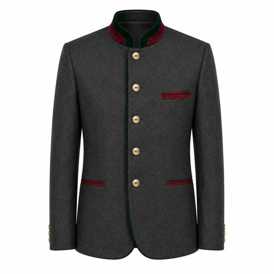 A dark gray wool-blend jacket with a mandarin collar, featuring gold buttons, red-green striped trim on the collar, chest pocket, and pocket flaps, and gold button accents on the cuffs, shown against a plain white background.